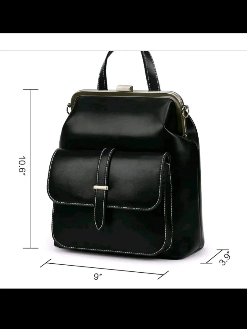Structured Black Leather Backpack with Gold-Tone Frame
